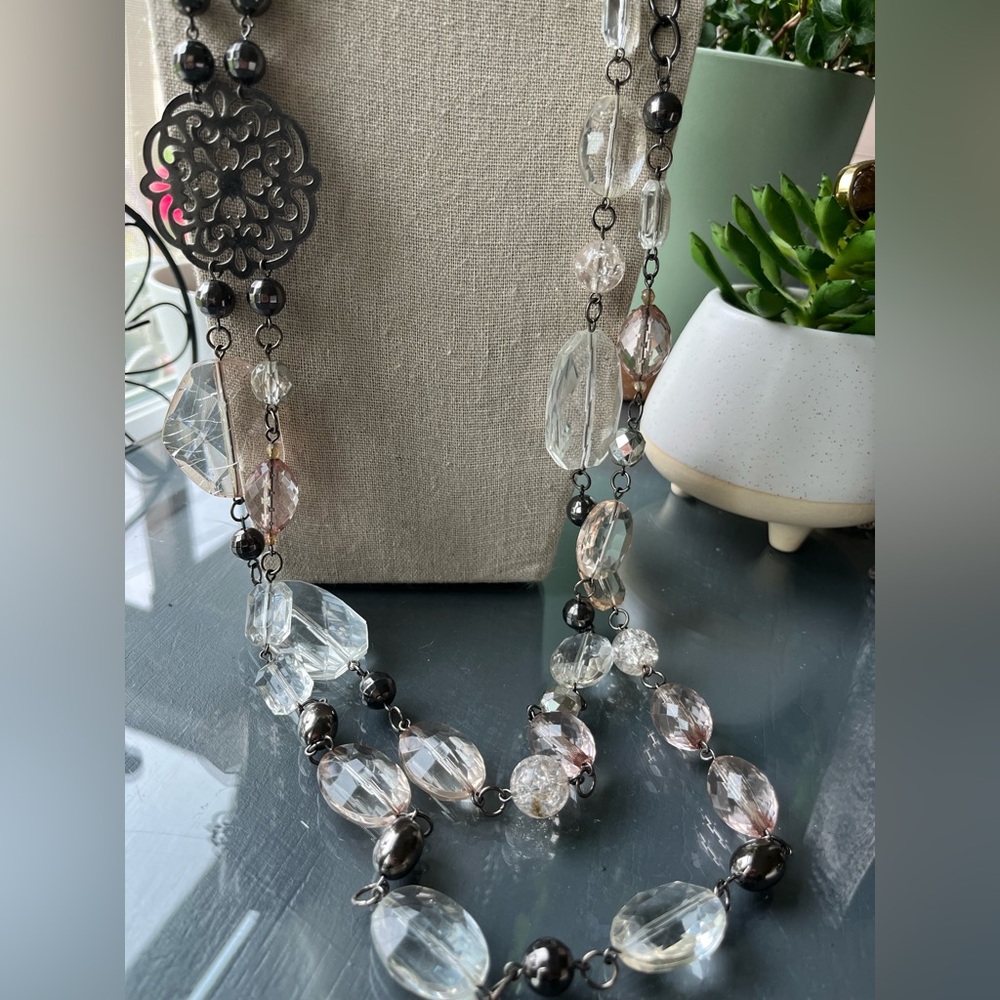 Romantic Long Clear and Pale Pink Bead with black flowers Statement Necklace